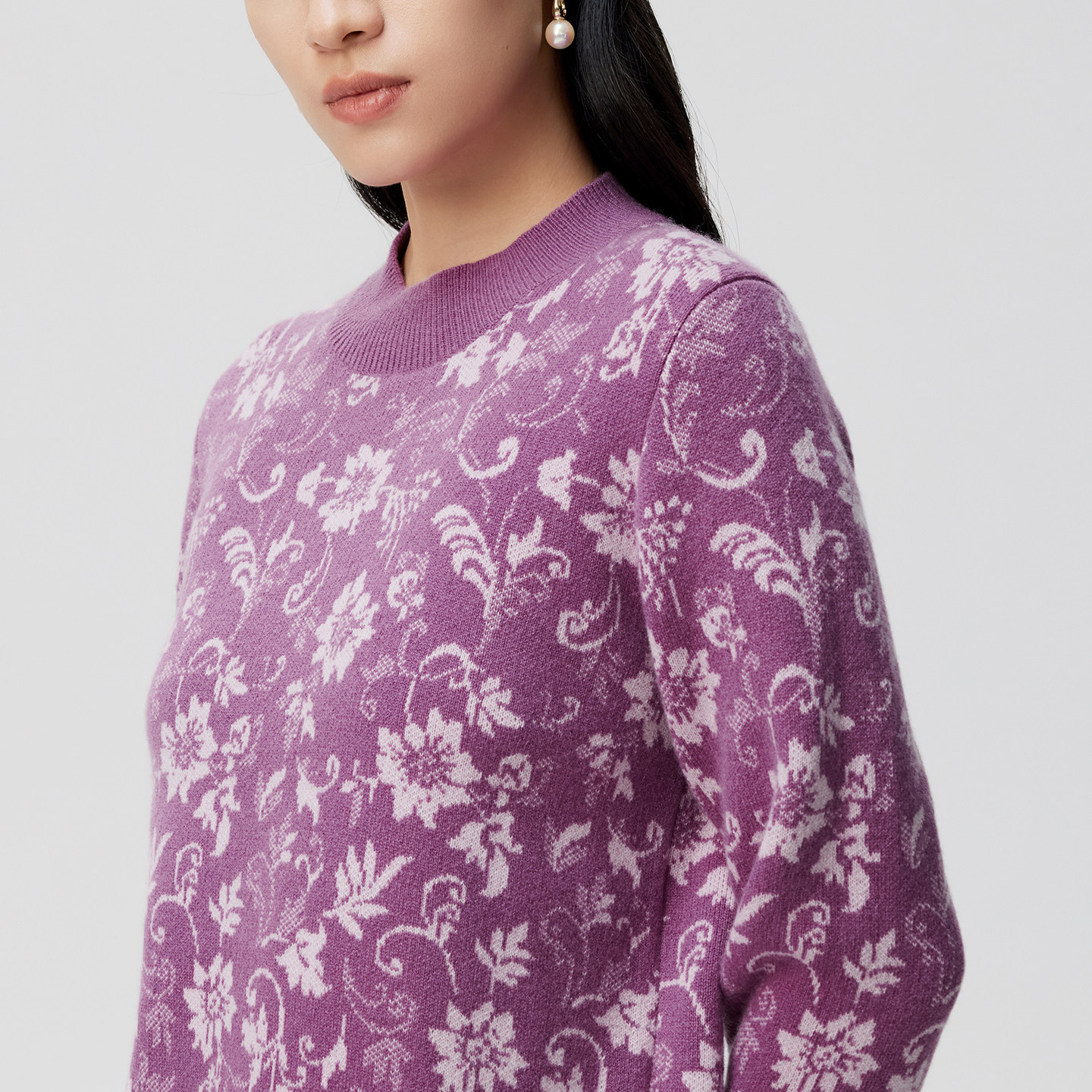 皮皮狗25秋冬新品女士半高领羊绒套衫芝麻点提花工艺花卉图案,淘宝优惠券,粉丝福利购,淘宝优惠卷