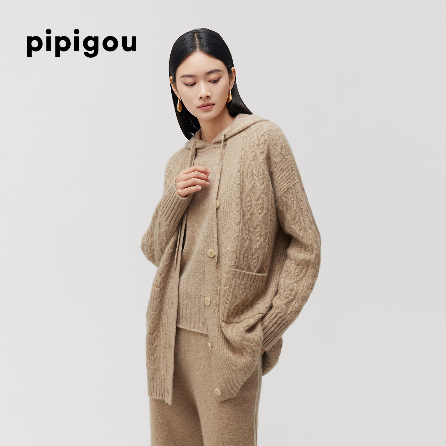 皮皮狗秋冬新款无染色V领绞花加厚中长款羊绒开衫宽松外套,淘宝优惠券,粉丝福利购,淘宝优惠卷