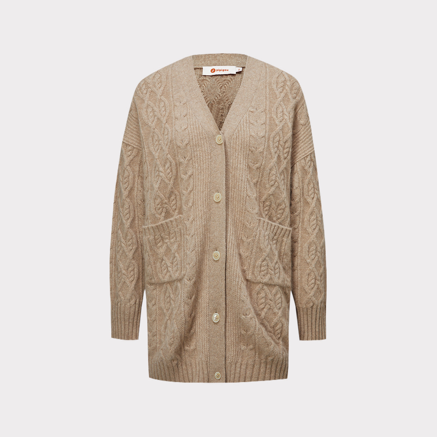 皮皮狗秋冬新款无染色V领绞花加厚中长款羊绒开衫宽松外套,淘宝优惠券,粉丝福利购,淘宝优惠卷