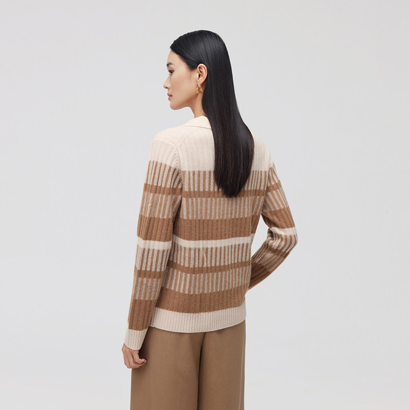 皮皮狗秋季新款翻领撞色条纹羊绒套衫女修身外穿加厚针织衫,淘宝优惠券,粉丝福利购,淘宝优惠卷