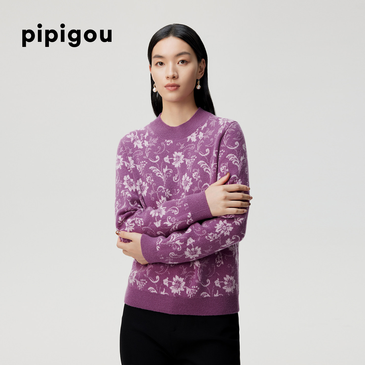 皮皮狗25秋冬新品女士半高领羊绒套衫芝麻点提花工艺花卉图案,淘宝优惠券,粉丝福利购,淘宝优惠卷