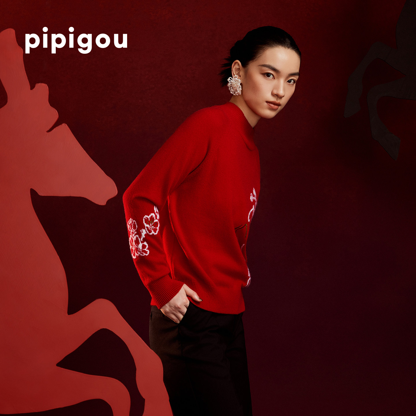 【马到成功】皮皮狗25秋冬新款女士半高领羊绒套衫新年红马年套衫,淘宝优惠券,粉丝福利购,淘宝优惠卷