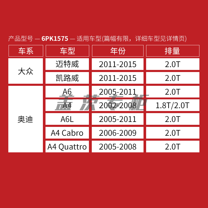 盖茨适用大众迈特威凯路威奥迪A4 A6L 2.0T发电机助力皮带6PK1575 - 图0