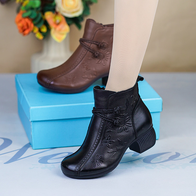 秋冬新款复古马丁靴女靴粗跟加绒短靴真皮百搭舒适圆头软底妈妈鞋,淘宝优惠券,粉丝福利购,淘宝优惠卷