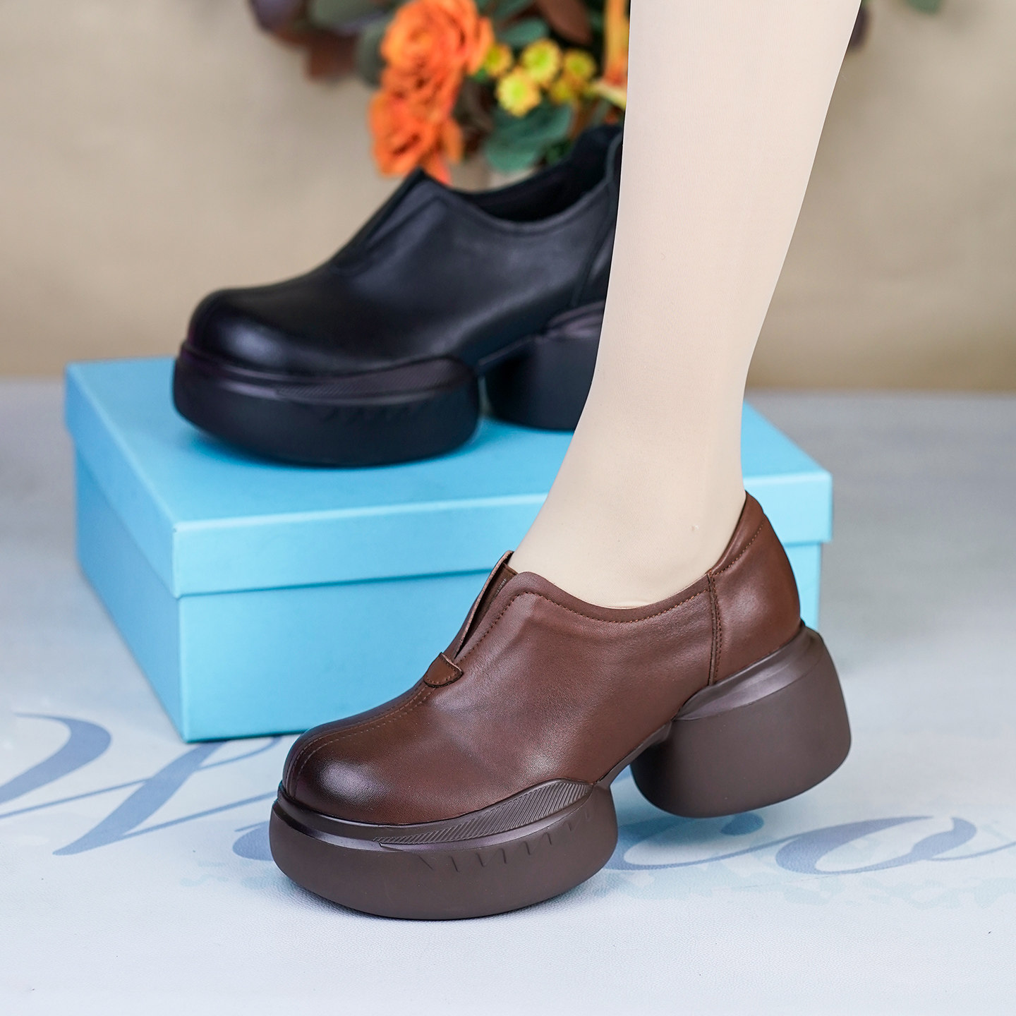 春秋新款厚底松糕增高深口单鞋女牛皮圆头妈妈款皮鞋真皮复古女鞋,淘宝优惠券,粉丝福利购,淘宝优惠卷