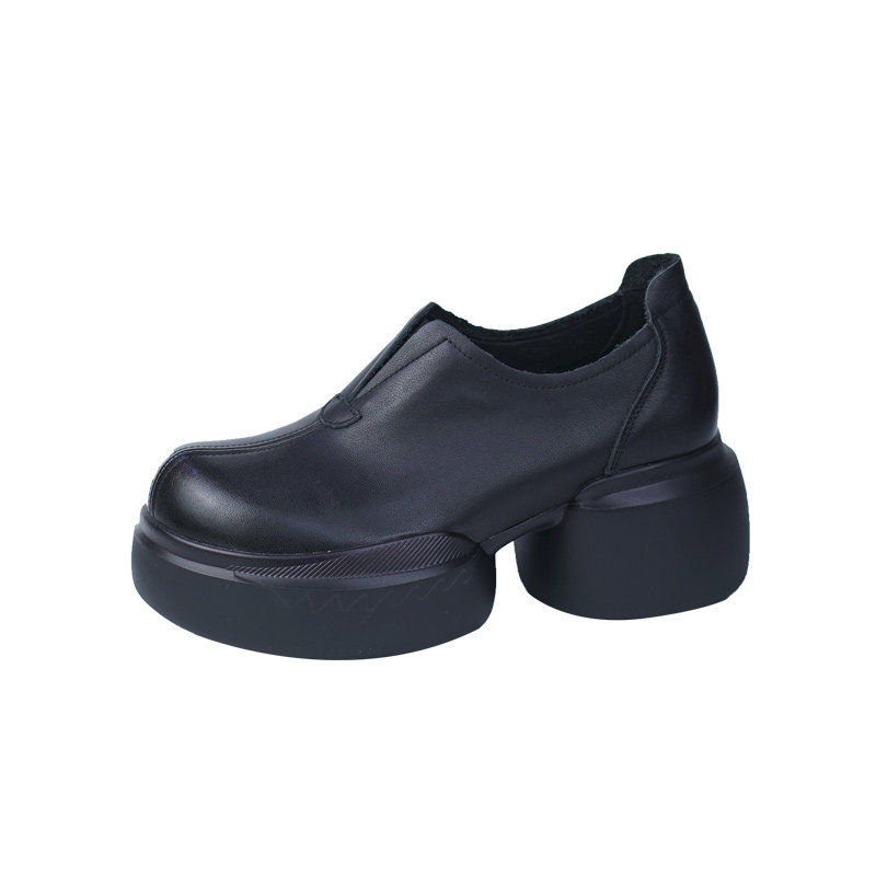 春秋新款厚底松糕增高深口单鞋女牛皮圆头妈妈款皮鞋真皮复古女鞋,淘宝优惠券,粉丝福利购,淘宝优惠卷