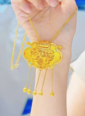 金店同款沙金天子门生锁包吊坠镂空花丝镶嵌龙凤呈祥项链锁骨链