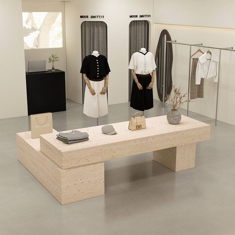 中古风服装店中岛台展示桌鞋包店铺中间摆放流水台洞石纹陈列柜子,淘宝优惠券,粉丝福利购,淘宝优惠卷