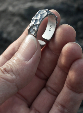 S925纯银手工锤纹戒指男女