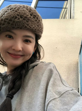 秋冬薄款透气双层钩花贝雷帽女