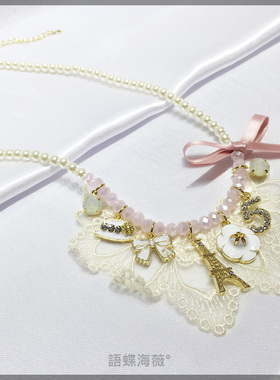 韩国代购装饰项链 时尚蕾丝埃菲尔铁塔蝴蝶结5号珍珠短款毛衣链