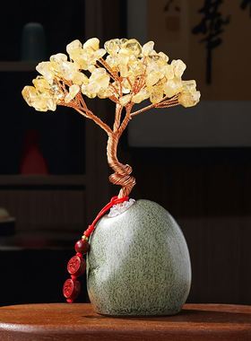 天然水晶碎石陶瓷底座发财树粉紫黄水晶招财树店铺开业招桌面摆件