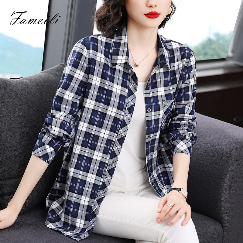 格子早春薄款长袖大码女装新款衬衫 法美丽衬衫