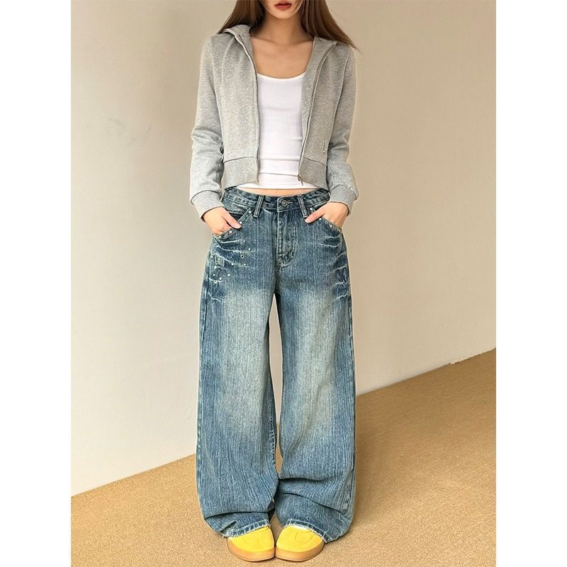 设计感铆钉水洗闪电低腰直筒牛仔裤女秋季水洗做旧宽松阔腿裤子潮,淘宝优惠券,粉丝福利购,淘宝优惠卷