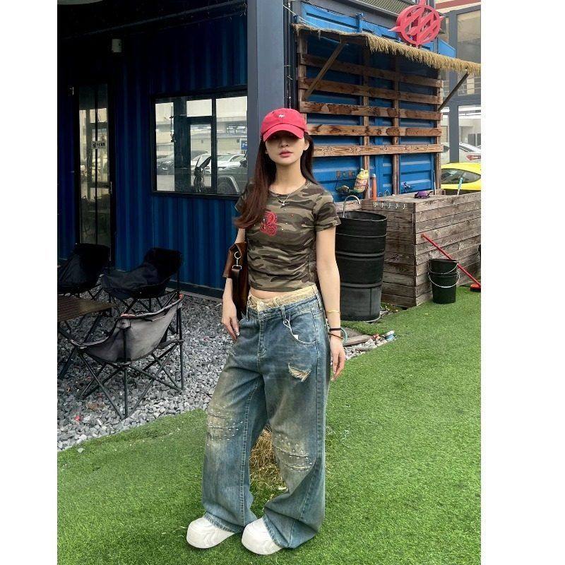 脏脏跨境双腰直筒春季男女破洞牛仔裤头裤高街设计感新款美式做旧,淘宝优惠券,粉丝福利购,淘宝优惠卷