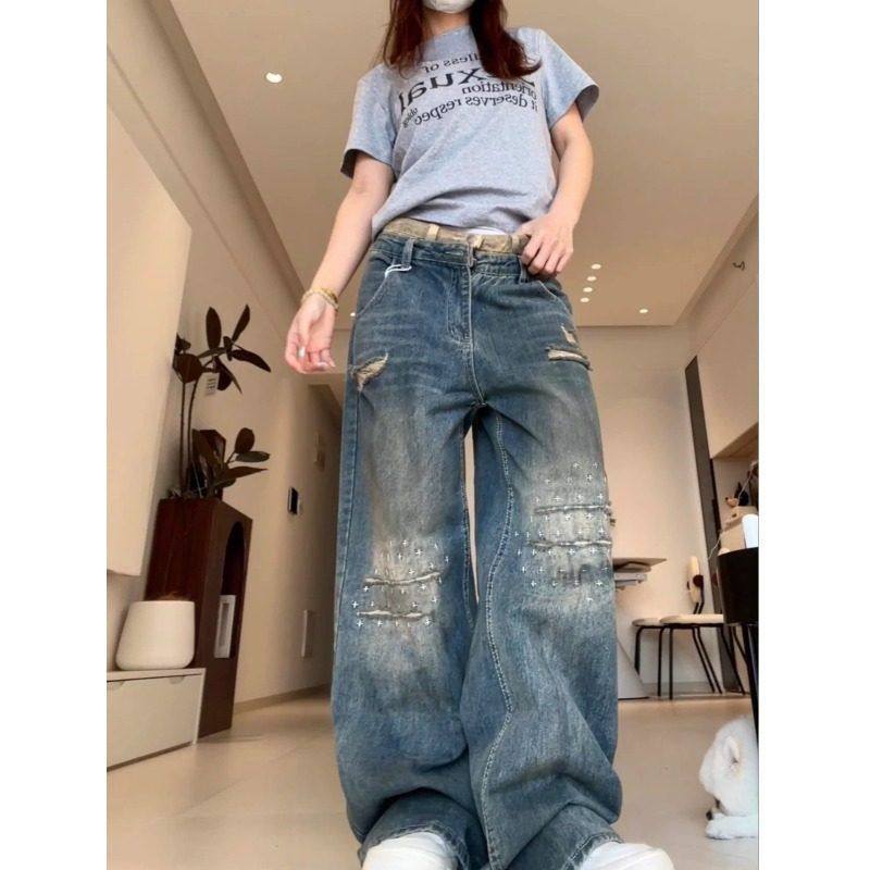 脏脏跨境双腰直筒春季男女破洞牛仔裤头裤高街设计感新款美式做旧,淘宝优惠券,粉丝福利购,淘宝优惠卷