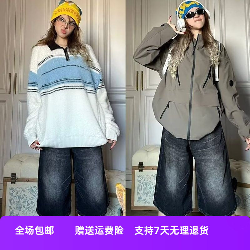 低腰夏季复古宽松五分裤中裤黑色美式女直筒工装牛仔七分裤短裤潮,淘宝优惠券,粉丝福利购,淘宝优惠卷