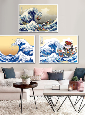 日式浮世绘哆啦A梦儿童房挂画