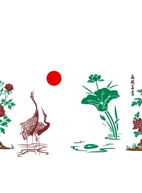 荷花鹤喷漆影背墙高档壁画模板