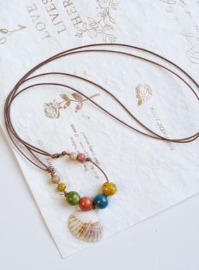 跨境小众彩色海洋系海螺贝壳景德镇陶瓷串珠项链锁骨链清新甜美