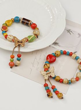 民族风蝴蝶小众设计高级感景德镇陶瓷手链女瓷珠手串厂家直销