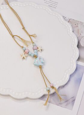 景德镇陶瓷手绘鱼彩色串珠项链女高级感颈链锁骨链夏天配饰