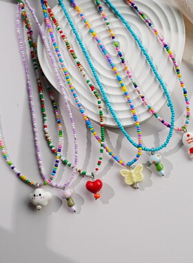 景德镇彩色米珠项链女云朵吊坠锁骨链女可爱清新ins风卡通饰品
