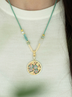 足银9999桃花珐琅描金项链