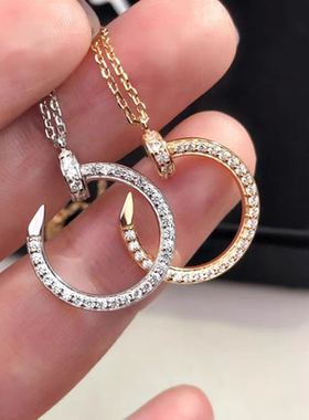 明星同款18K玫瑰金钉子项链AU750男女时尚微镶满钻锁骨链毛衣链