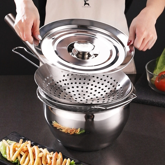 Colander ສະແຕນເລດຫນາເປັນພິເສດທີ່ມີອ່າງນ້ໍາມັນທີ່ກົງກັນ