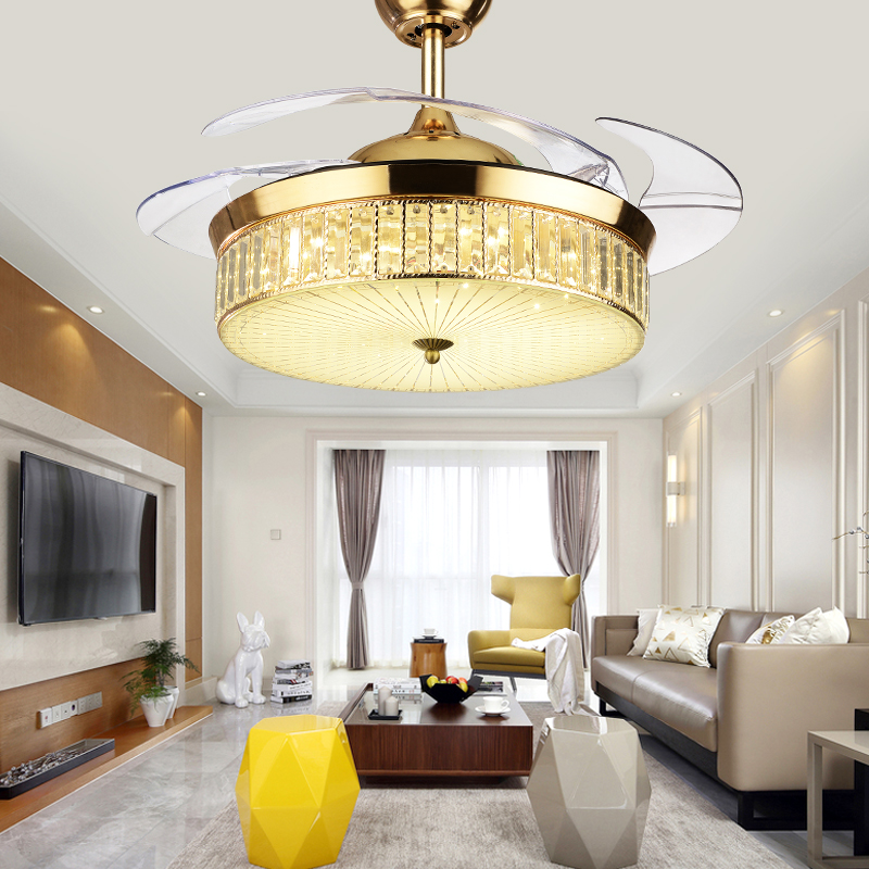 水晶风扇灯餐厅欧式隐形扇客厅电扇灯现代简约52寸卧室变频吊扇灯