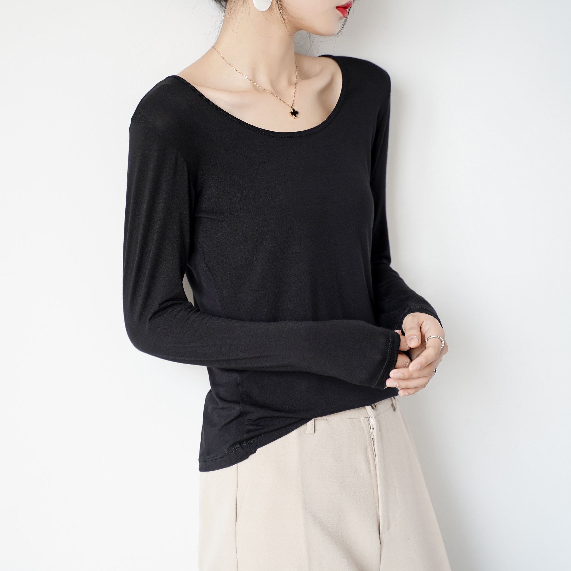 莫代尔秋衣女内穿紧身黑色单件上衣长袖打底内衣大码超薄线衣春秋