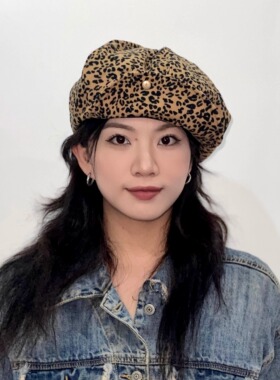 秋冬复古翻檐豹纹灯心绒报童帽
