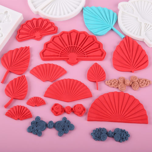 中国风中式扇子纽扣旗袍汉服牡丹花蕾丝硅胶翻糖模具巧克力粘土模 - 图1