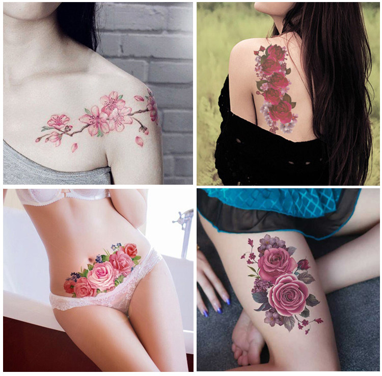 10张大图花臂彩色玫瑰牡丹花性感持久仿真手脚背影楼刺青