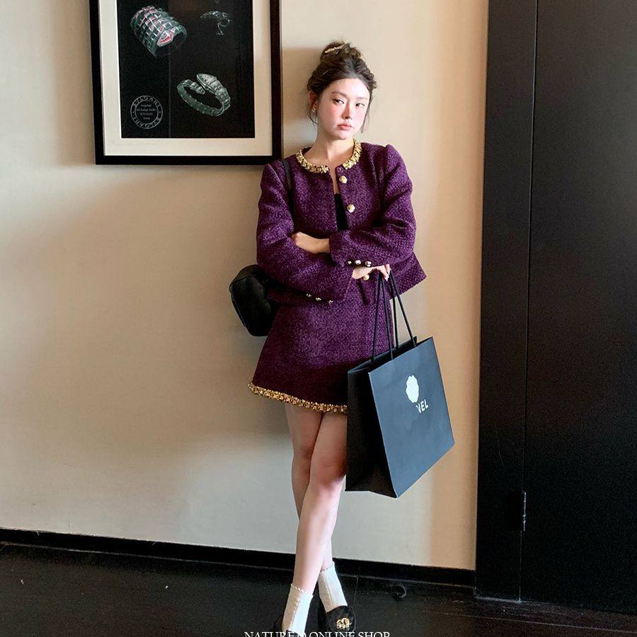 2026年秋千金紫色小香风套装裙女高级感短外套气质名媛两件套,淘宝优惠券,粉丝福利购,淘宝优惠卷