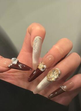 纯手工穿戴甲高级精致红色法式