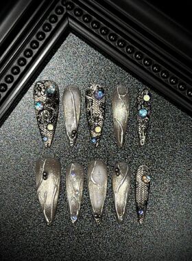 暗黑色蕾丝猫眼冷银魔镜粉穿戴甲