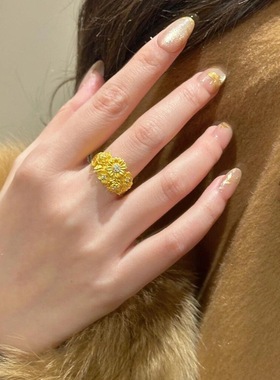 2025新中式古法沙金点钻繁花锦簇戒指女款小雏菊指环宫廷复古送礼