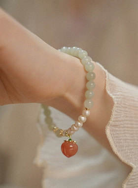 2025国风拼接珍珠仿玉石手链高级感女士时尚水蜜桃吊坠轻奢送闺蜜