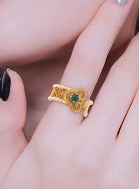 2025新款女士花丝珍珠如意镂空古法金镶嵌戒指铜镀金古风轻奢指环