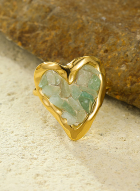 2025网红精致小巧不锈钢镀爱心桃心形镶天然石简约高级感戒指环女