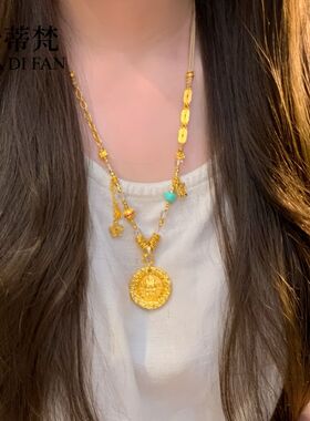 2026款黄金色沙金古法黄财神圆牌串珠项链新中式原创设计毛衣链