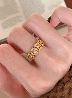 金色金店同款黄金色繁星戒指轻奢沙金饰品满钻红宝石金刚杵指环女