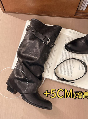 港风黑色粗跟骑行靴54