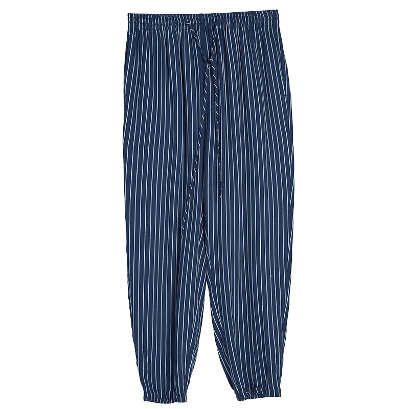 艾格高腰宽松薄款条纹哈伦九分裤 艾格银座休闲裤