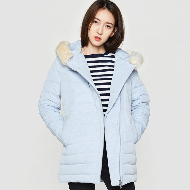 艾格冬季女装韩版修身连帽白鸭绒 艾格银座羽绒服