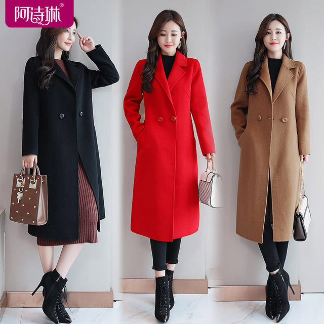 Red double -sided cashmere coat wool woolen woolen long -sided double -sided woolen woolen coat suit high -end temperament women's clothing