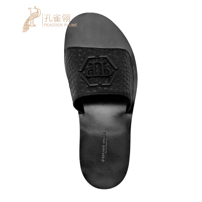 PhilippPlein男鞋黑色小牛皮PP压花鞋面平底凉拖鞋 - 图2