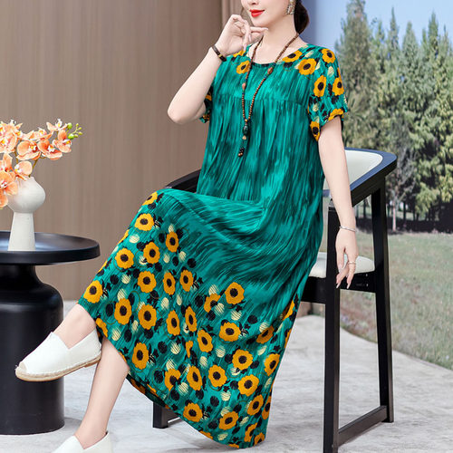 2026新款中老年棉绸连衣裙女夏季女装高贵过膝中年妈妈大摆长裙子 - 图0